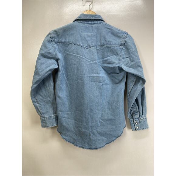 Wrangler Western Blue Denim Long Sleeve Snap Button Shirt Boy’s 10-12 Large 34” - Picture 6 of 8